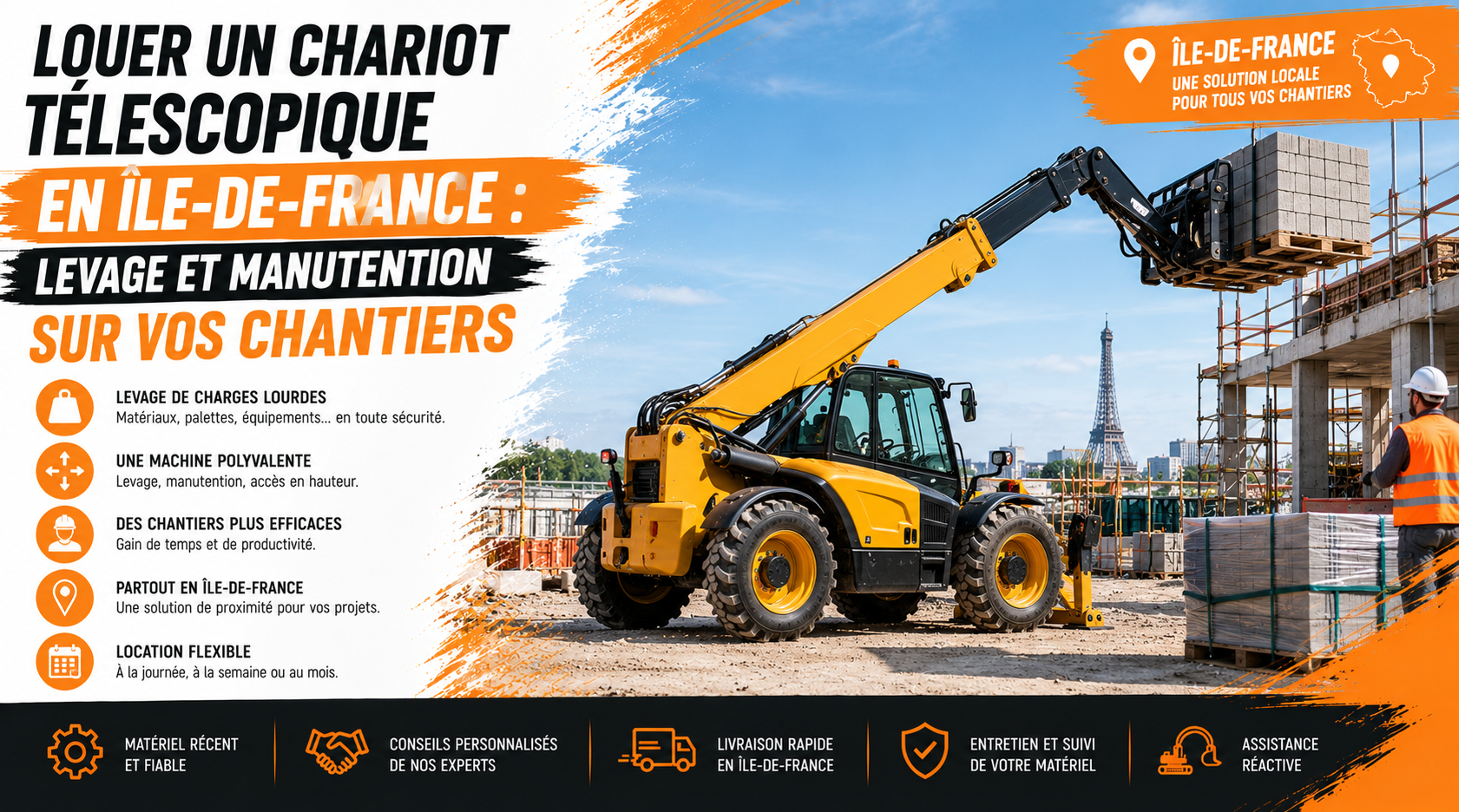 Vous consultez actuellement Louer un chariot télescopique en Île-de-France : levage et manutention sur vos chantiers